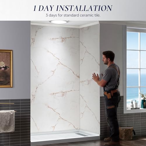 Image of WOODBRIDGE 48 inchW x 36 inchD x 96 inchH 3-Piece Solid Surface Shower Wall Panels, Beige Marble with Soft Brown Veining, Trimmable, Quick Install, BRW-4836-CO96