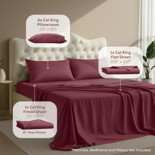 Image of Utopia Bedding California King Size Sheet Set - 4 Piece Bed Sheets, Soft and Breathable Microfiber, Includes 1 Fitted Sheet, 1 Flat Sheet and 2 Pillowcases - Oeko Tex (Burgundy)