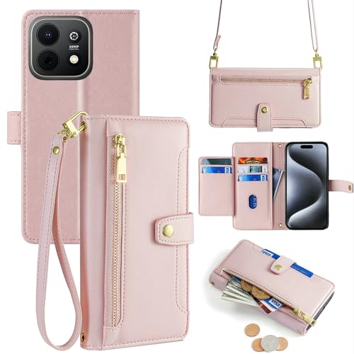 Étui Huawei Enjoy 90 5G en cuir rose avec porte-cartes et fermeture éclair