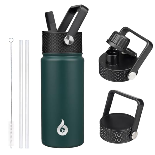 Image of BJPKPK Insulated Water Bottles with Straw Lid, 18oz Stainless Steel Metal Water Bottle, Cold Hot Thermo with 3 Lids, Leak Proof BPA Free Travel Cup, Wide Mouth Flasks, Thermo-Army Green