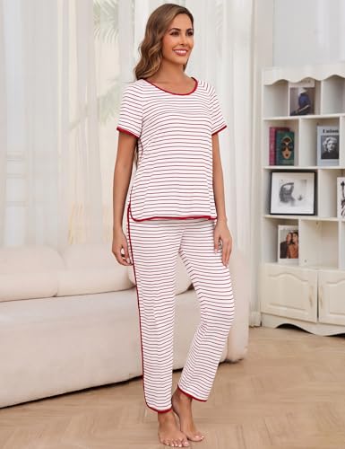 Image of Womens Pajama Sets Cotton 2 Piece Lounge Set Stripe Short Sleeve Pj Set Comfy Loungewear Sleepwear with Pockets
