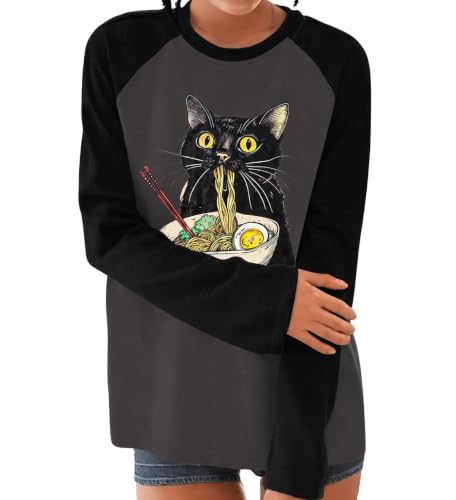 Image of Cat Shirts for Women Loose Fit Lightweight Long Sleeve Animal Tee | Black Cat Shirt for Women Cat Mom Graphic Tee Shirts Cat Shirt Long Sleeve Pullover Tops
