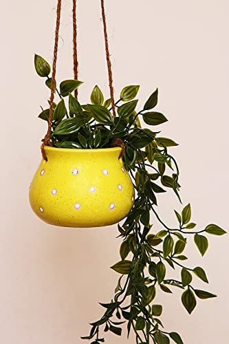 Image of Leafy Tales Hanging Matki Shape Ceramic Pot Set of 2, Pot Only, Multicolor