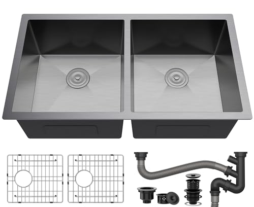 YITAHOME Black Kitchen Sink 33in Undermount 50/50 Double Bowl 16