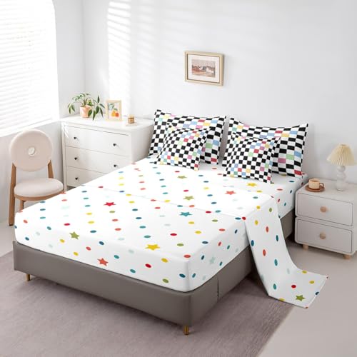 Image of Erosebridal Black White Checkered Kids Bedding Set King 7 Piece Colorful Checkerboard Grid Comforter Set with Sheets Funky Buffalo Plaid Bed in A Bag for Boys Girls Teen Groovy Gingham Bed Set