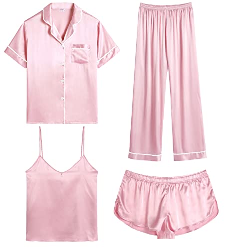 Image of SWOMOG Womens Silk Satin Pajamas Sets 4pcs Sleepwear Sexy Cami Shorts Set and Button Down Short Sleeve Pjs Loungewear Pink White Piping Large