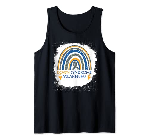 Down Syndrome Awareness Bleached Rainbow Blue Yellow Ribbon Camiseta sin Mangas