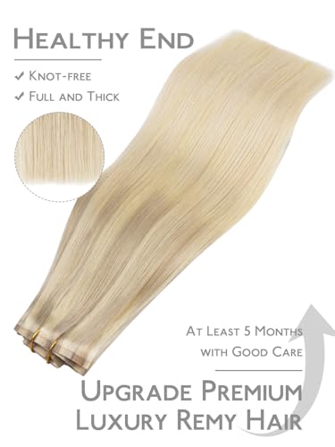 Image of WENNALIFE Seamless Clip In Hair Extensions, 18 Inch 7pcs 130g Ombre Ash Blonde to Golden Blonde Balayage Platinum Blonde Hair Extensions Clip In Invisible PU Weft Real Human Hair Extensions Clip In