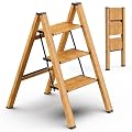 3 Step Stool Ladder Woodgrain Shelf Aluminum Lightweight Folding with Anti-Slip and Wide Pedal for Home and Kitchen Space Saving