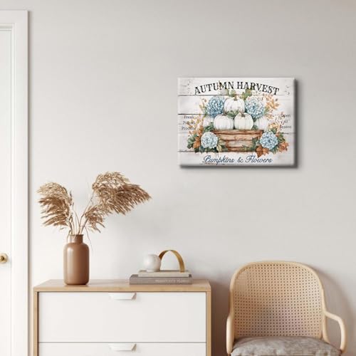 Image of Fall Canvas Wall Art Farmhouse Pumpkins Hydrangea Wall Decor for Kitchen Dining Room Autumn Harvest Poster Canvas Prints Vintage Rustic Floral Painting Artwork Holiday Home Decorations 12x16 inch Gifts