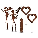 Rundago Pack of 4 Rusty Metal and Garden Stakes, Rusty Garden Ornaments, Weatherproof Rust Decoration, Flower Fairy Stakes, Suitable for Outdoor Patios, Lawns, Terraces, and Gardens