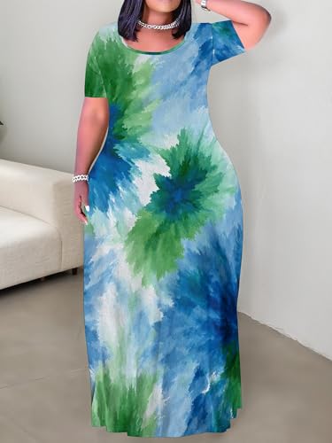 Image of PinkPatty Plus Size Dress for Women Casual Crew Neck Short Sleeve Maxi Dress Oversized Summer Beach Dresses with Pockets