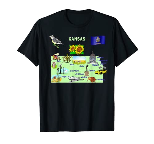 Kansas state tourist map with landmarks, famous symbols, USA T-Shirt