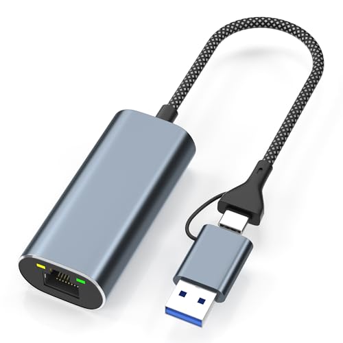 USB to Ethernet Adapter 2.5Gb Dual-Connector 2 in 1 USBA&USBC to 2.5 Gigabit Ethernet Adapter for Laptop/iPhone16/17 Wired LAN Network Adapters USB to RJ45 Computer Network Adapters