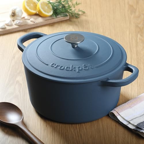 Image of Crock-Pot Artisan 7-Quart Round European Enameled Cast Iron Dutch Oven - Matte Navy Blue, Durable Oven Safe Cookware
