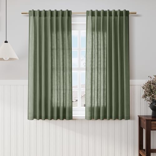Image of Olive Green Linen Curtains 60 Inch Long for Living Room 2 Panels