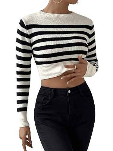 Image of SweatyRocks Women's Striped Ribbed Knit Long Sleeve Round Neck Shirt Slim Fit Pullover Sweater Crop Top Black White L