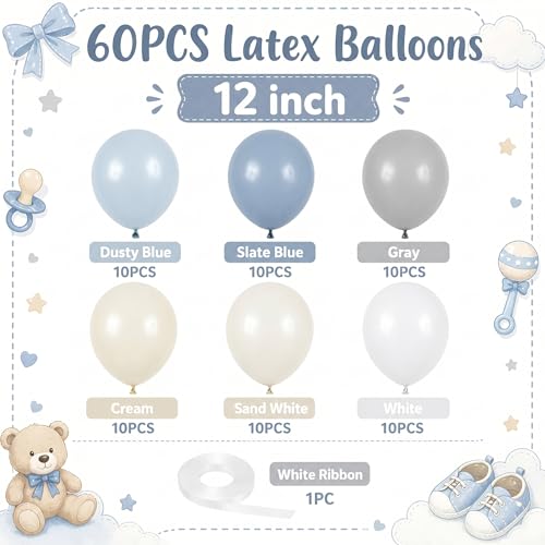 Image of Dusty Blue Balloons, 60 PCS 12 Inch Fog Slate Pastel Blue White Sand Cream Beige Gray Latex Balloon for Baby Boy Shower Bridal Shower Wedding Bachelorette Gender Reveal Birthday Party Decorations