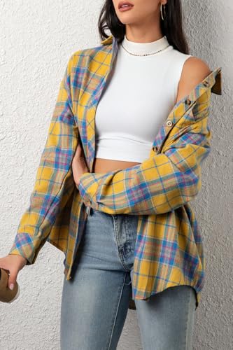 Image of CHYRII Womens Button Down Flannel Shirts Long Sleeve Plaid Shackets Business Casual Blouse Top