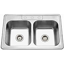 Houzer 3322-9BS3-1 Glowtone Series Topmount Stainless Steel 50/50 Double Bowl Kitchen Sink, 9-Inch Deep
