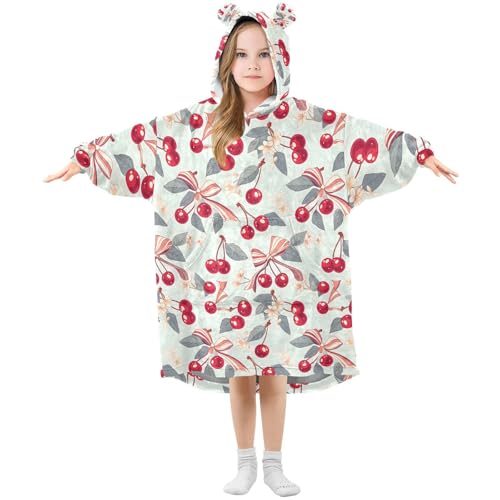 Manta de gran tamaño con capucha para niñas, diseño de amapolas y cerezas, color azul, suave, cálida, forro polar con capucha, Multicolor, 150 Grande