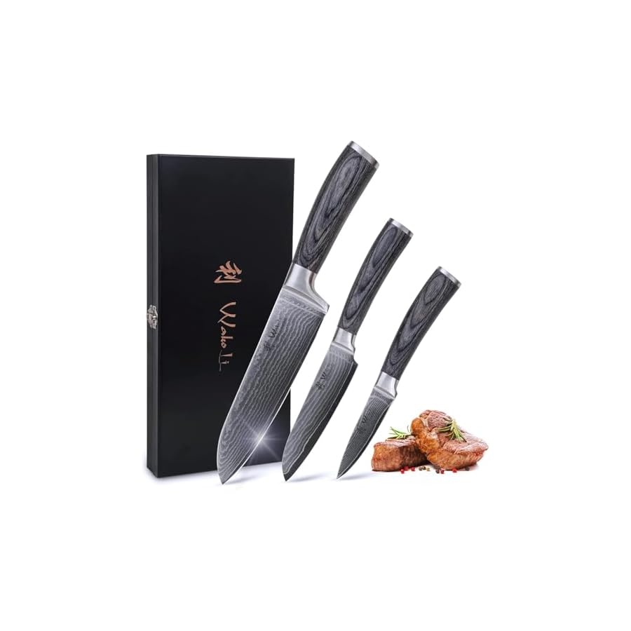 Wakoli 3 Piece Damascus Kitchen Knife Set, Made of 67 Layers of Genuine Damascus Steel with VG10 Core, Professional Kitchen Knife Set for Kitchen with Ergonomic Pakkawood Handles (EDIS)