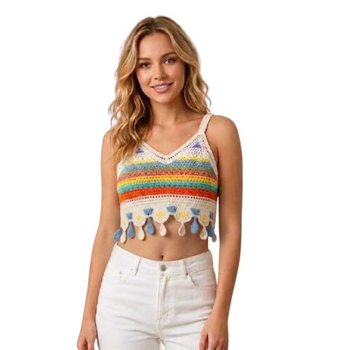 Women's Multicolour Crochet Crop Top, Rainbow Stripe with Floral Tassel Hem, Smocked Back, Boho Style-picture-38