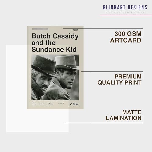 Image of BLINKART Butuch Cassidy Movie Poster Frame 8x12 Inch | Premium 300 GSM Paper Wall Print | Mid Century Vintage Film Artwork for Home, Bedroom, Living Room, Office | Framed Photo Decor