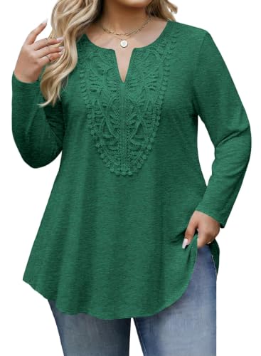 Eytino Plus Size Tops for Women Long Sleeve Lace V Neck Tunic Shirts Dressy Casual Business Work Blouses Basic Tees,3X Dark Green