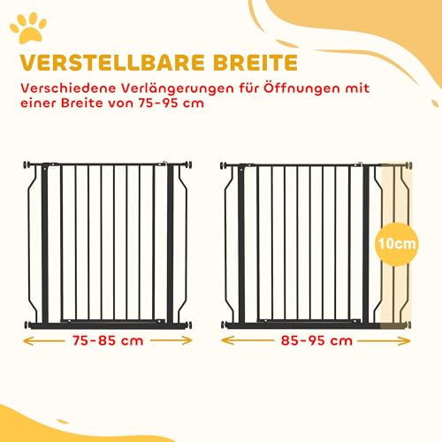PawHut Türschutzgitter Treppenschutzgitter mit 10 cm Verlängerung Türgitter ohne Bohren Treppengitter für Breiten 75-95 cm Beidseitige Einhand Öffnung Schwenkbar Stahl Schwarz