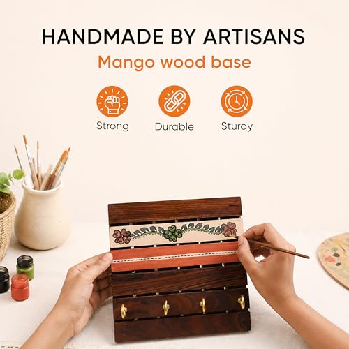 Image of AAKRITI ART CREATIONS Key Holder, Handcrafted Tribal Art Key Hanger | Rustic Wood Wall Organizer with 4 Hooks | New Home Gifts | Multifunctional Entryway Decor Item