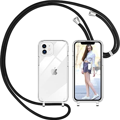 Nupcknn Handykette Hülle für iPhone 12 Mini Hülle TPU Bumper+PC Back Necklace(abnehmbar) Transparent Hülle mit Kordel zum Umhängen Handy Schutzhülle mit Band(Schwarz,5.4") Cover