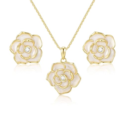Goxygen Juego de collar y aretes de rosas – Juego de joyas hipoalergénicas chapadas en oro de 14 quilates, aretes de aro florales de circonita cúbica de moda, collar con colgante, regalo de