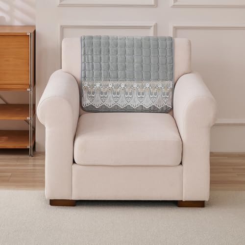 Image of HOKIPO 'BelleLace Series' Imperial Milk Velvet Anti-Slip Sofa Backrest Covers with Lace | 1 Pc - Cloud Grey (AR-6311-LGRY*1S)