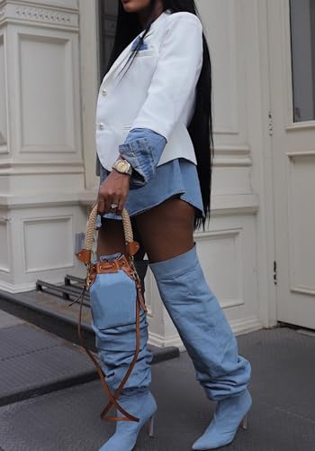 Vaceky Women's Denim Shirt-Tail Blazer Pearl Buttons Slit Jean Cuffs Business Jacket3