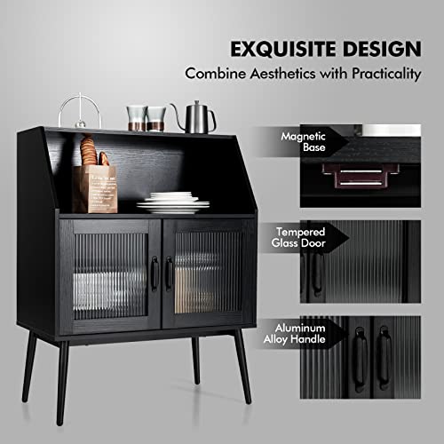 Petsite Sideboard Buffet Storage Cabinet, Kitchen Accent Console Table With Open Shelf & Tempered Glass Door For Dining Room Hallway, Black #TOP2