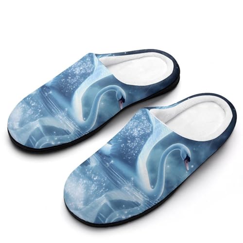 Beautiful Swan Moon Women's Cotton Slippers Indoor Outdoor Slip-on Warm House Shoes with Anti-Skid Rubber Sole