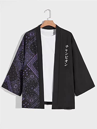 Men Japanese Cardigan Print Splicing Kimono Street Half Sleeve Shirt2