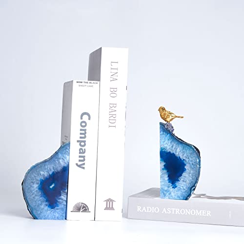 Yougoals Blue Agate Bookends For Shelves, Geode Crystal Book Ends For Heavy Books, Stone Decor With Rubber Bumpers 1 Pair 3-3.8Lbs Home Decorative Unique #TOP2