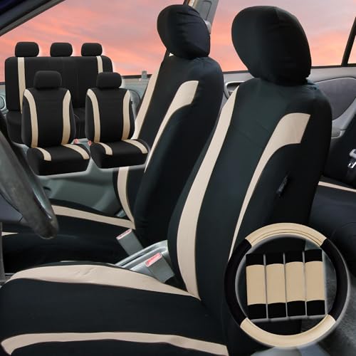 FH Group Car Seat Covers Cosmopolitan Flat Cloth Full Set Seat Covers, Car Accessories Beige Combo Steering Wheel Cover and Seat Belt Pads Airbag and Split Rear Universal Fit for Cars Vans Truck