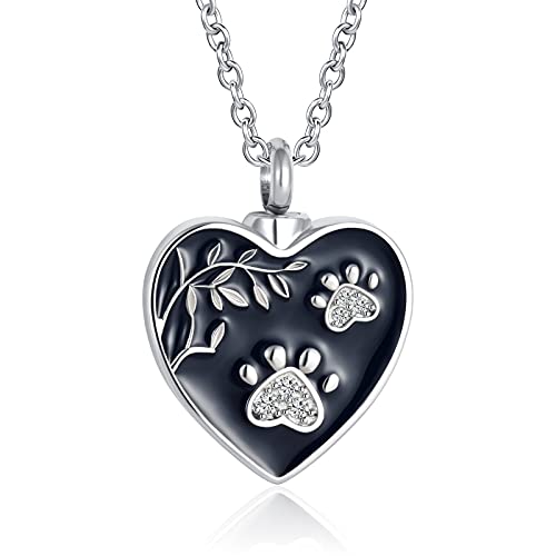 QeenseKc Heart Double Paw Print Urn Necklace for Cat Dog Pet Ashes Holder Cremation Keepsake Memorial Pendant Jewelry