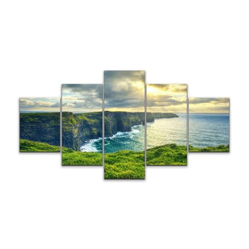 Poissiondesart 5 Panel Large Canvas Wall Art Decor Magnificent Cliffs Moher Ireland winter Nature Paintings Pictures Wall Decorations for Living Room Bedroom Poster Artwork 5 Piece