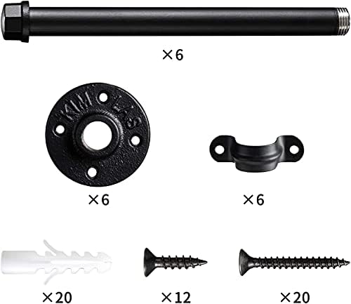 BEJOY 6pcs Industrial Black Iron Pipe Shelf Brackets 6 x 20 cm, Rustic Wall Mounted DIY Shelving Brackets Hanging Custom Pipe Brackets for Floating Shelves