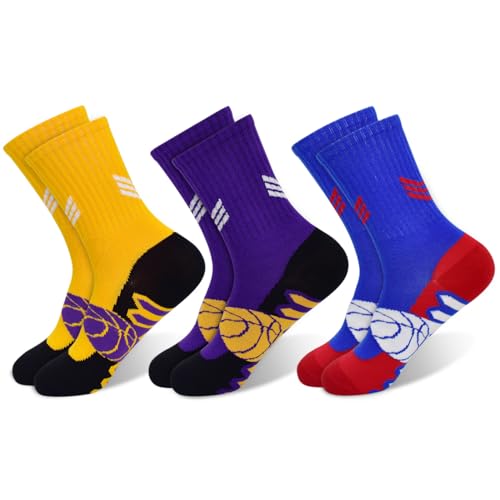 ELUTONG 3 paia di calzini sportivi da basket per bambini, in cotone, a metà polpaccio, per palestra, 5-15 anni, morbidi, casual, alla moda, traspiranti, per attività all'aperto, giallo, viola, blu