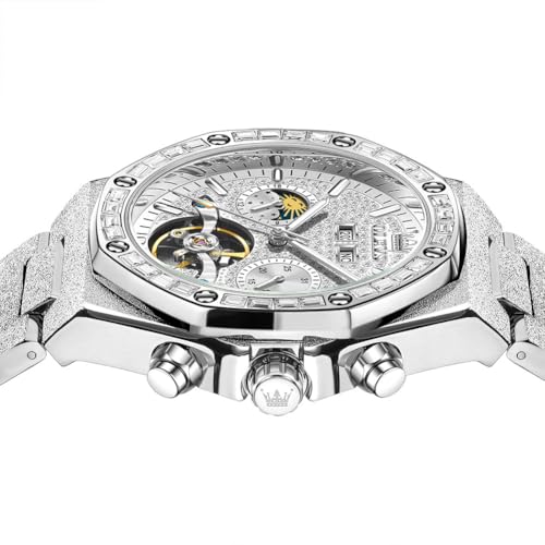 Image of OLEVS Automatic Watch for Men 44MM Large Dial Frosted Gold Octagon Self-Winding Diamond Waterproof Stainless Steel Wrist Watches Tourbillon Skeleton Mechanical