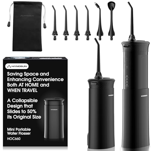 Hangsun Travel Water Flosser for Teeth Cordless, Portable Electric Dental Water Tooth Flosser 4 Modes & 6 Jet Tips, IPX7 Waterproof Oral Irrigator with Telescopic Water Tank, Mini Black