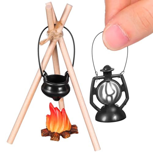 VOSAREA Miniature Camping Dollhouse Accessories, 1/12 Scale Miniature Campfire Bonfire Set with Hanging Cooking Pot and Oil Lamp, Pretend Camping Set Model for Micro Landscape Photography Props