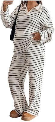 Verdusa Women’s Maternity Striped Lounge Set – 2‑Piece Long‑Sleeve Shirt & Pants, Comfortable Large‑...