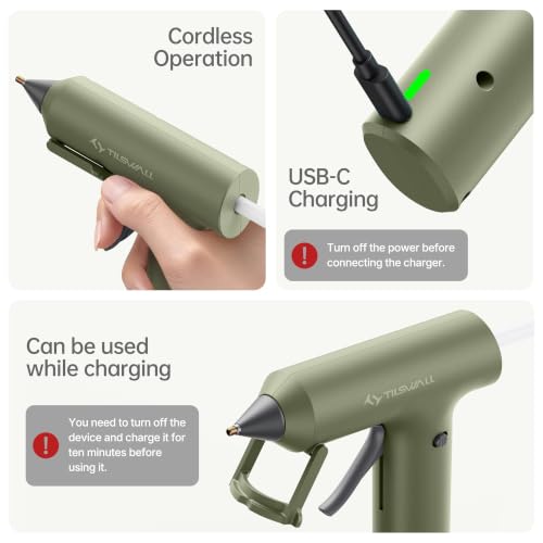 Image of Tilswall Cordless Hot Glue Gun, Fast Preheating, Glue Gun and Sticks Set with 2Ah USB-C Rechargeable, 20 Premium Glue Sticks, High Temp Compact Size Ideal for Crafts, DIY Making, Repairs Olive Green