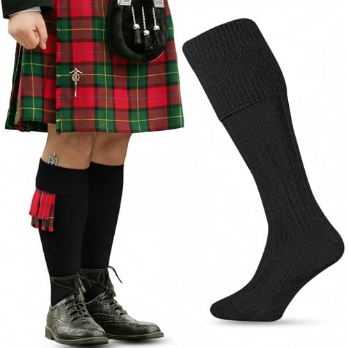 HiFEN Calzini tradizionali scozzesi da uomo, in lana, caldi, comodi, casual, per matrimoni e sport, taglia 38-46, Nero , 6-11